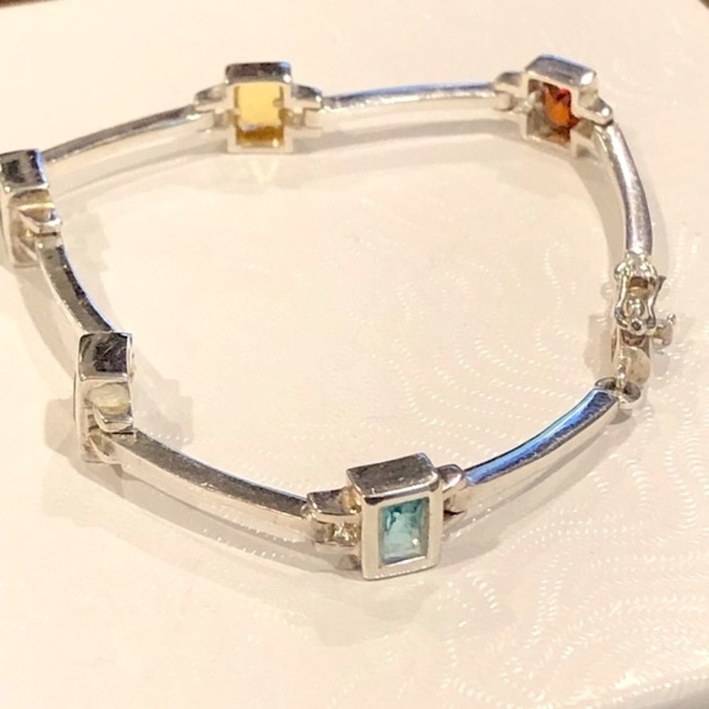 Vintage Sterling Silver Multi Color Multi Gemstone Station Bracelet